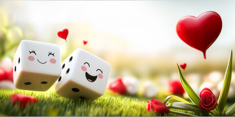 Love romantic Valentine romance engagement, wedding background, happy dice couple dating, red heart, garden, spring flowers, lucky chance fortune concept, copy space