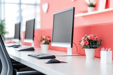 Modern office workspace with computer monitors, simple decor, and vibrant flowers against a bright wall