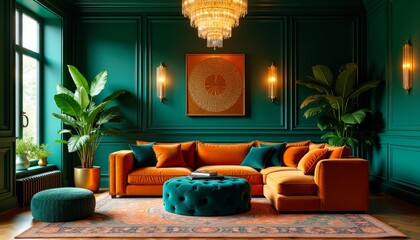 Luxurious living room with emerald green walls, orange velvet sofa, and teal ottoman.  A sophisticated and stylish interior design.