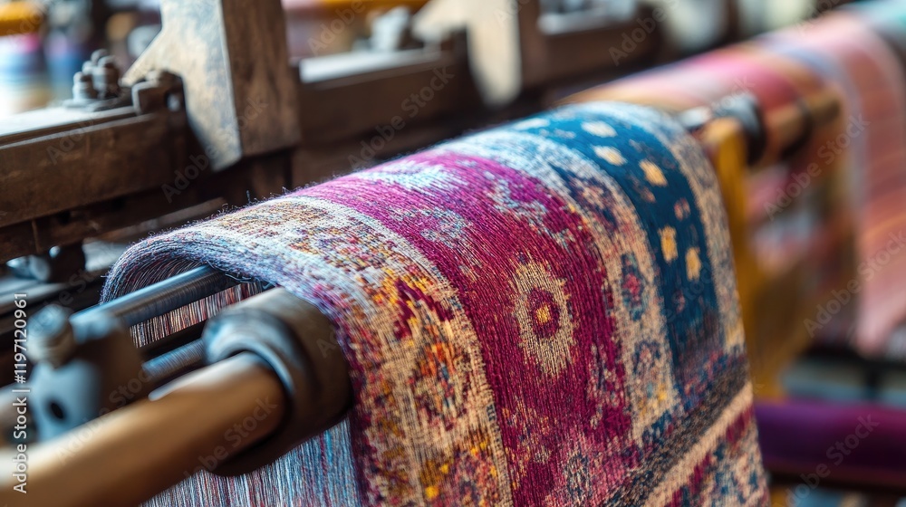 Poster a high-detail view of textile weaving machines in a modern textile mill, focused on the process of f