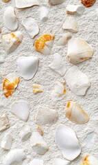 An overhead view of broken white and orange shells scattered across a bed of fine white sand