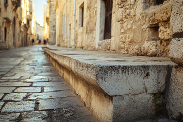 Cobblestone street stretches through a historic town, flanked by old stone structures. Soft light highlights textures, creating a serene atmosphere as people walk in the distance