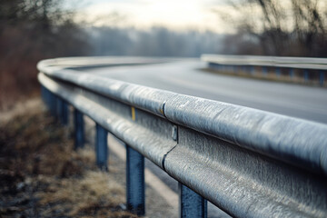 A curved metal guardrail lines the edge of a winding highway, surrounded by bare trees. The soft light of early morning casts a muted tone over the scene, suggesting a chilly atmosphere