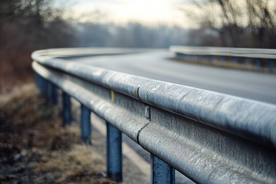 A curved metal guardrail lines the edge of a winding highway, surrounded by bare trees. The soft light of early morning casts a muted tone over the scene, suggesting a chilly atmosphere