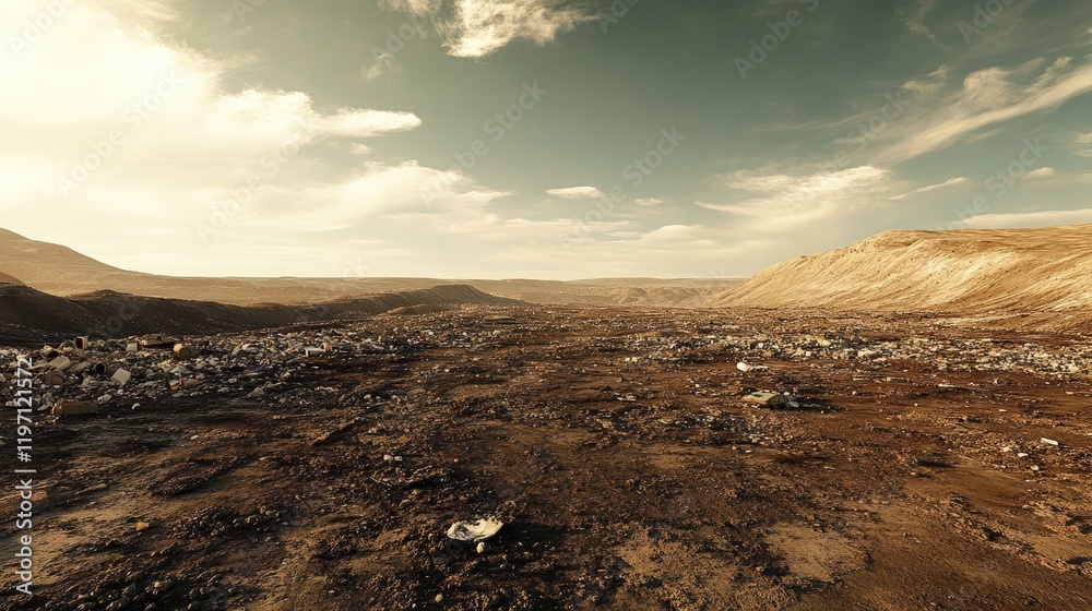 Poster A landfill site extending into the distance, visually representing the escalating environmental impact of consumer waste, under a wide-open sky highlighting its vast scale