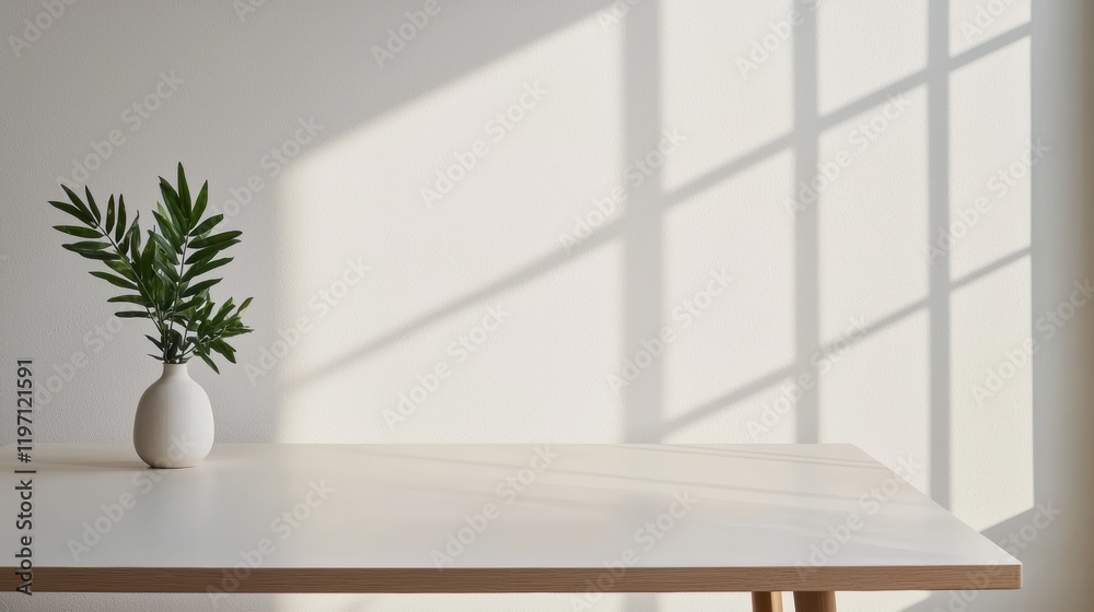 Poster empty conference table with plant in minimalist office with soft lighting