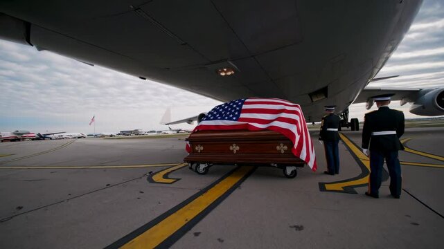Honor and remembrance at the airport as a casket is loaded for transport