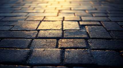 Obraz premium Warm sunlight reflects off a textured paved surface in an urban area, highlighting individual stones and creating an inviting ambiance as day transitions to evening