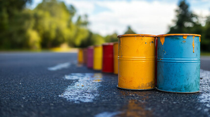 Obraz premium Brightly colored metal barrels are arranged on a road, with some barrels leaking liquid onto the pavement. The setting is outdoors, featuring greenery in the background under a clear sky