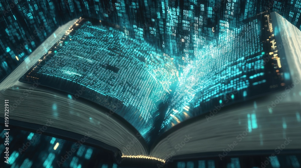 Poster a law book morphing into a modern digital screen, with binary code flowing, illustrating the future 