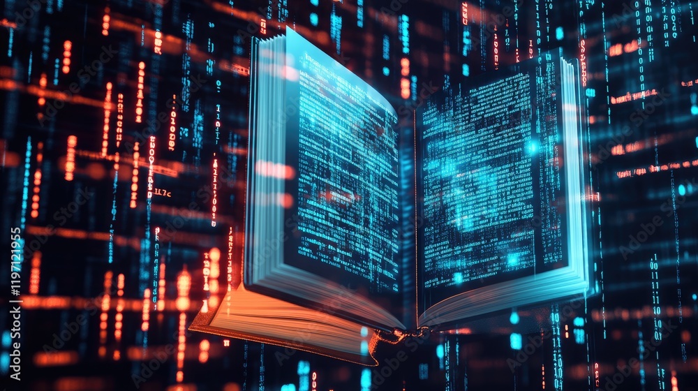 Poster a law book morphing into a modern digital screen, with binary code flowing, illustrating the future 