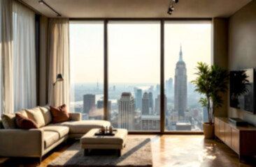 Stunning cityscape view from a modern apartment overlooking iconic skyline at sunset