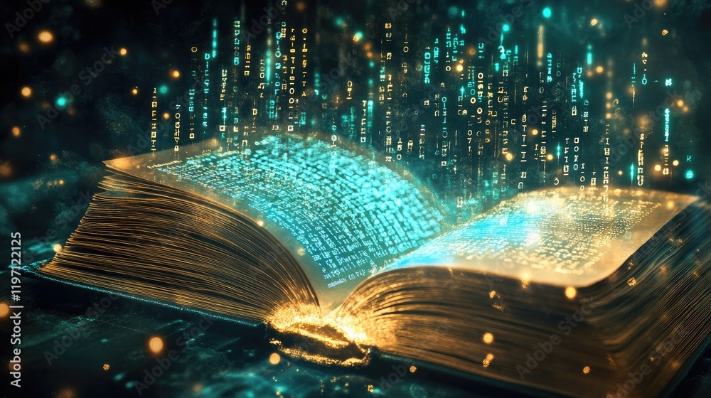 Poster a law book turning into a glowing digital screen, with binary code emerging, reflecting the ongoing 