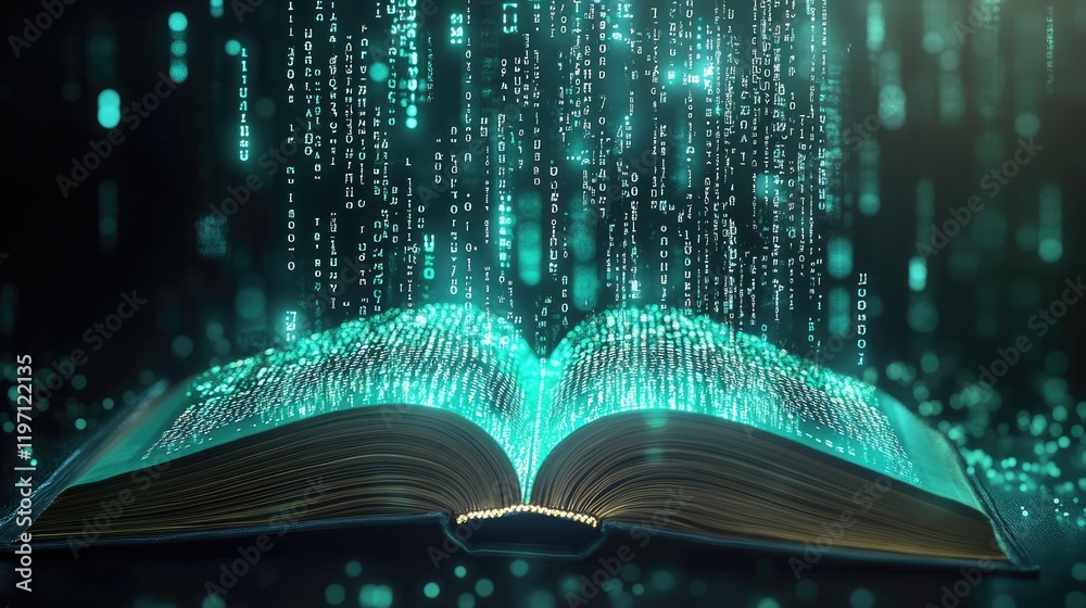 Poster a law book turning into a glowing digital screen, with binary code emerging, reflecting the ongoing 