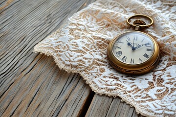 Vintage Pocket Watch on Lace Fabric Captured in Natural Light Still Life Rustic Setting Close-Up View Timeless Elegance and Nostalgia