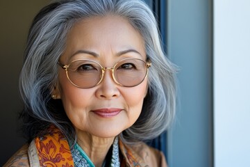 Obraz premium Senior woman with silver hair wearing glasses and a scarf poses confidently in a well-lit indoor space
