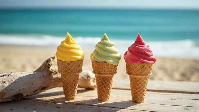 Conos de helado de colores sobre mesa de madera con vista al mar