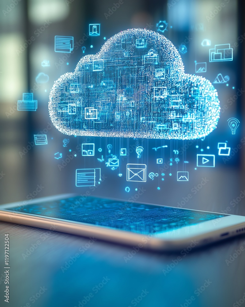 Poster holographic cloud storage concept with floating digital icons around a smartphone, showcasing data m