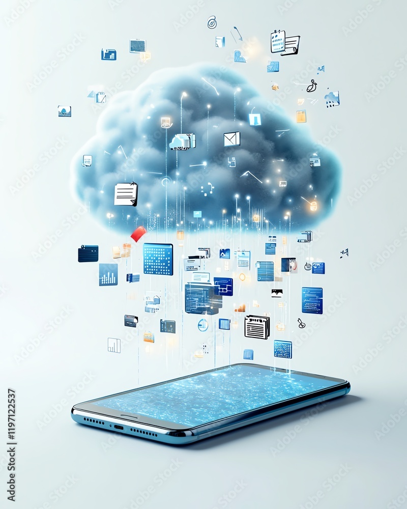 Poster holographic cloud storage concept with floating digital icons around a smartphone, showcasing data m