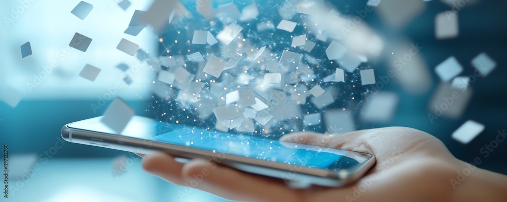 Poster Modern digital cloud storage scene with a smartphone and hovering icons of files, applications, and realtime data transfer in a virtual interface