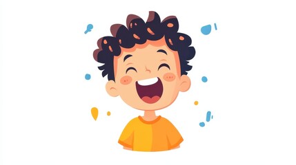 Happy smiling kid graphic with curly hair on a white background expressing joy and playfulness through vibrant colors and cheerful energy