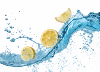 lemon slices flowing with blue lemonade isolated on transparent background