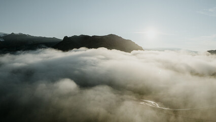 Morning mist over Eyjafjallajökull glacier and volcanic landscape in South Iceland
