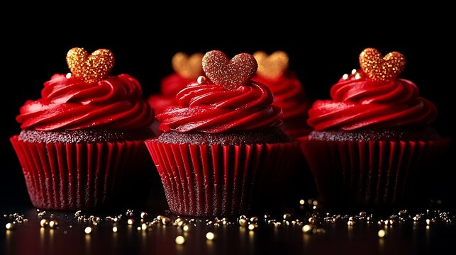 Cupcakes with red velvet bases, topped with white frosting and edible glitter hearts