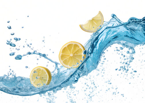 lemon slices flowing with blue lemonade isolated on transparent background - Powered by Adobe