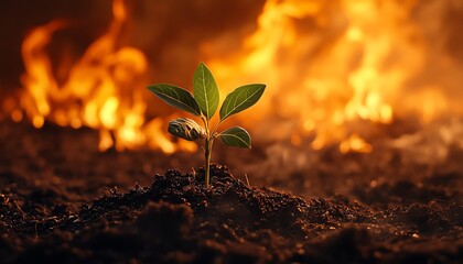 New plant sprouting from the soil, flames roaring in the backdrop, symbolizing the strength, endurance, and emergence of new beginnings against all odds