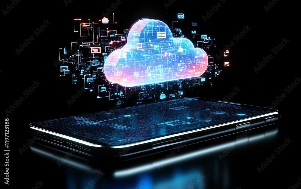 Poster Smartphone with a cloud storage interface, featuring holographic icons representing digital files, cloud databases, and data transfer lines