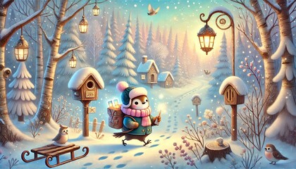 A Tiny Bird Postman in a Magical Snowy Forest During Early Spring