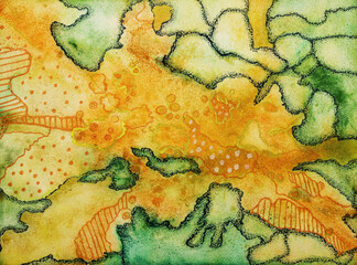 Watercolor of geologic patterns. The dabbing technique near the edges gives a soft focus effect due to the altered surface roughness of the paper.