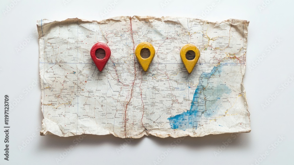 Poster A map with three location markers pinpointing travel destinations, symbolizing adventure and navigation, all displayed on a white background for clarity