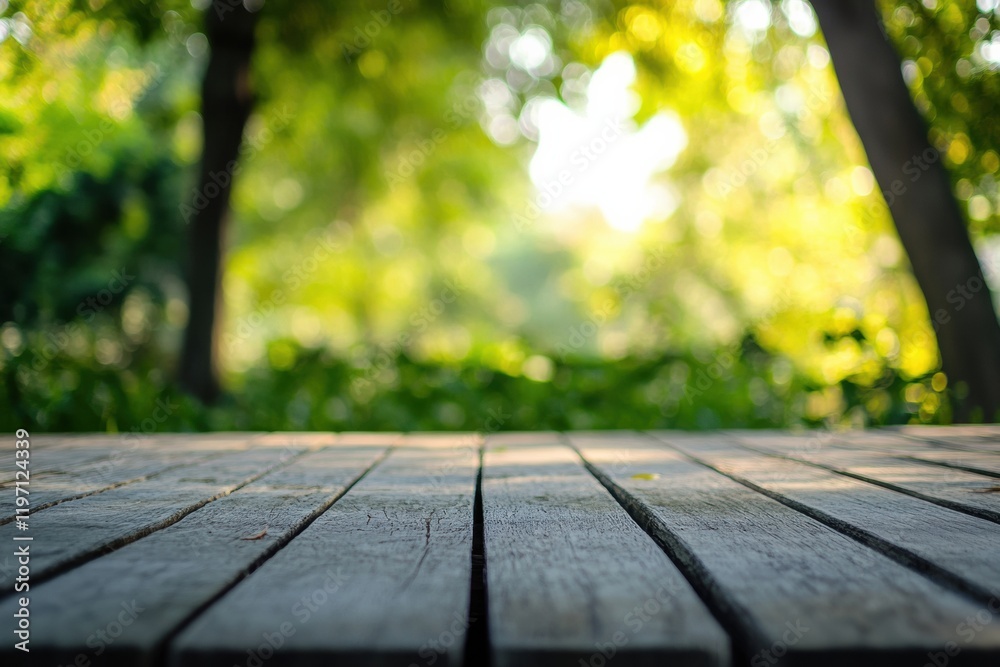 Aufkleber wooden deck surrounded by greenery offers empty space for text and creative design in a tranquil out