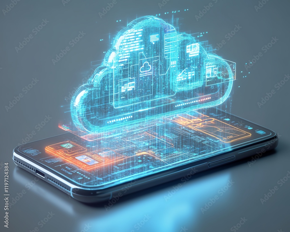 Poster A smartphone with cloud storage holograms, displaying files, apps, and data flow in a seamless digital storage experience