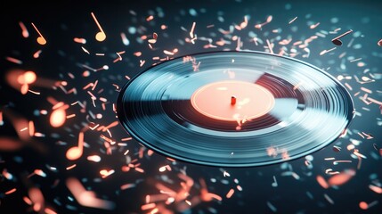 Spinning vinyl record surrounded by vibrant musical notes and sp