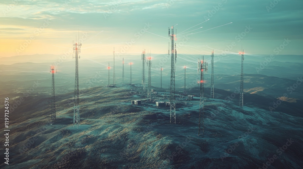 Poster a network of cell towers scattered across a vast, open terrain, with signals emanating, representing