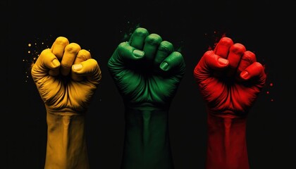 Three raised fists painted yellow, green, and red on a black background, Black History Month