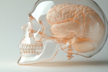 Detailed representation of a transparent skull and brain model showing anatomical structures and features