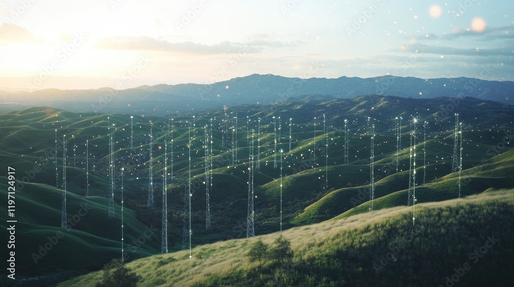 Poster a network of cell towers spanning vast landscapes, with signals radiating across rolling hills, symb