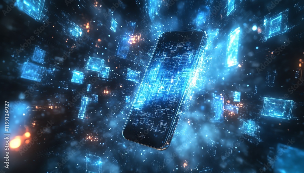 Poster cloud storage concept with a digital smartphone, surrounded by dynamic holographic icons of files, f
