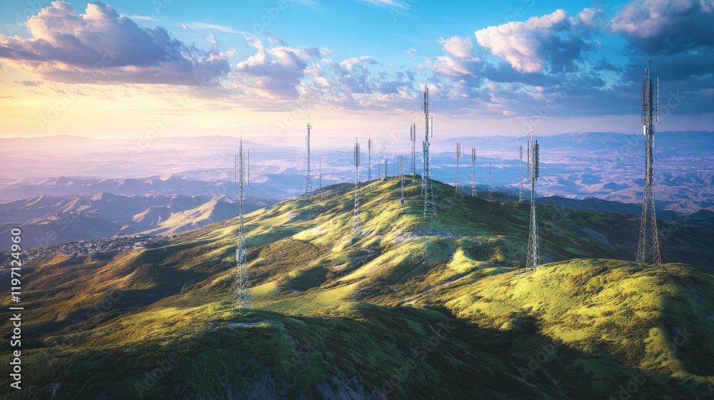 Poster a network of cell towers spanning vast landscapes, with signals radiating across rolling hills, symb