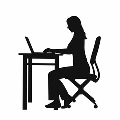 A woman is sitting at a desk with a laptop. She is wearing a black shirt and black pants