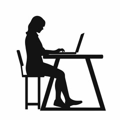 A woman is sitting at a desk with a laptop. She is wearing a black shirt and black pants