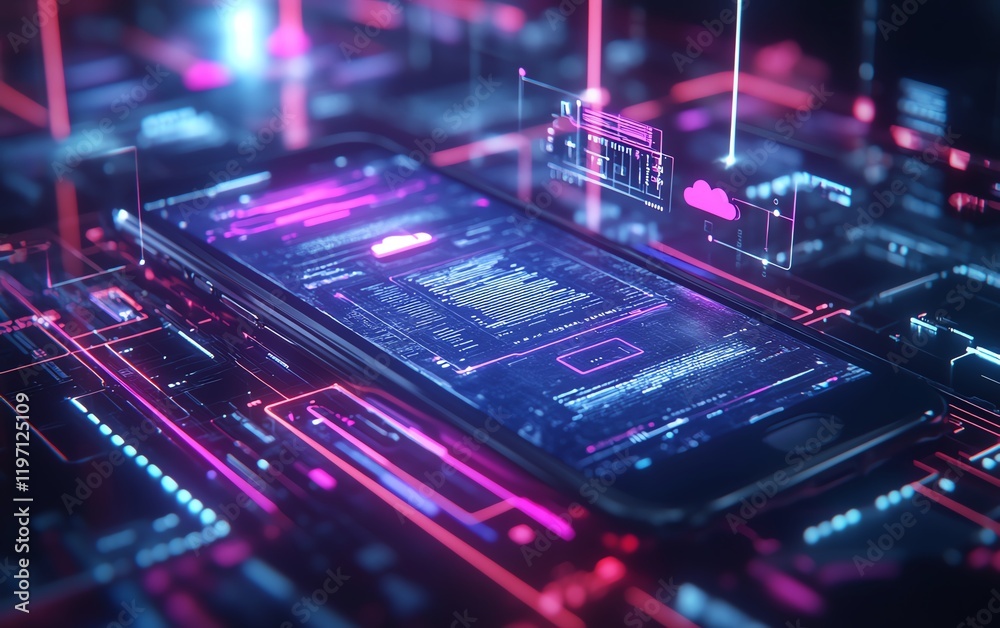 Poster Digital cloud storage concept with smartphone displaying holographic icons of files, folders, and data streams in a futuristic tech environment