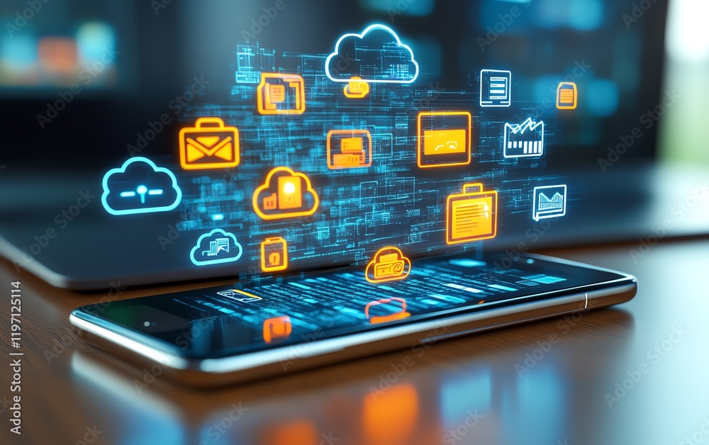 Poster Digital cloud storage concept with smartphone displaying holographic icons of files, folders, and data streams in a futuristic tech environment
