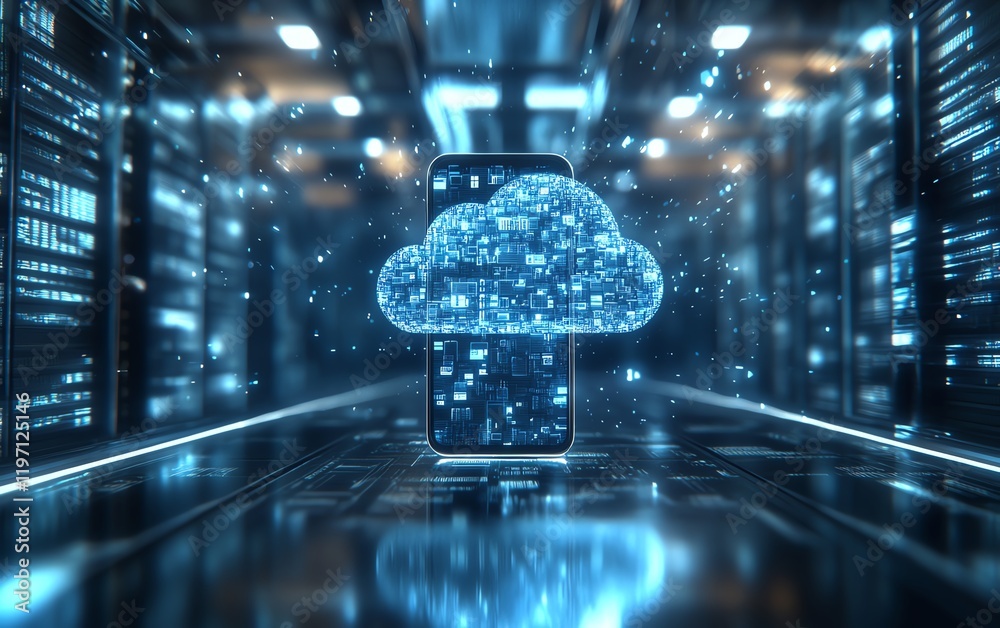 Poster Digital cloud storage concept with smartphone displaying holographic icons of files, folders, and data streams in a futuristic tech environment