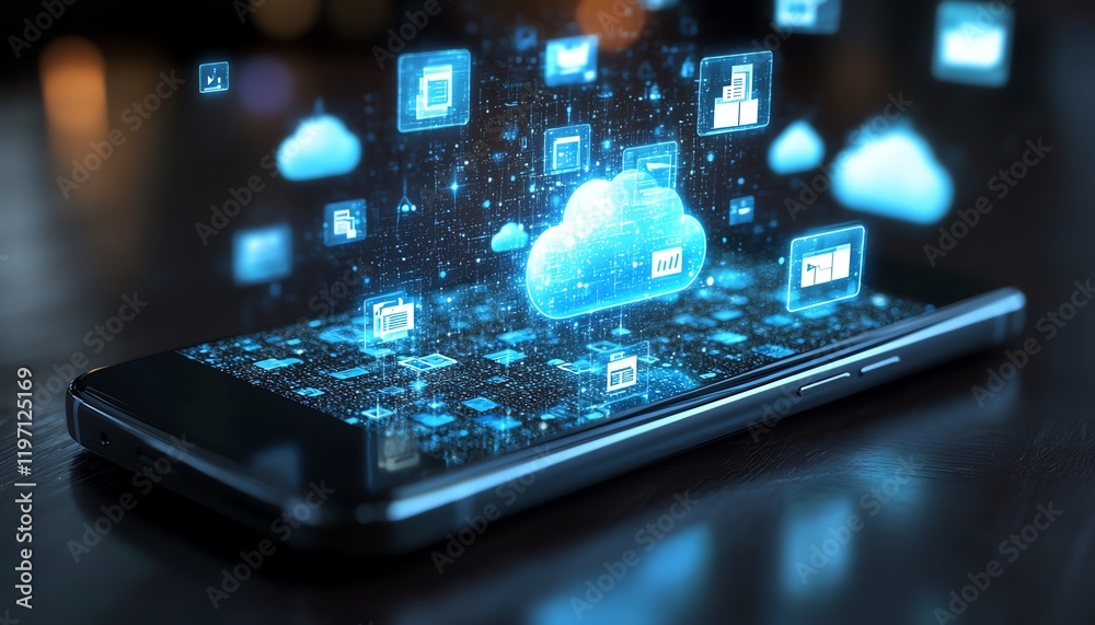Poster Digital cloud storage interface with a smartphone, featuring holographic icons of data, files, and folders transferring through a virtual cloud system