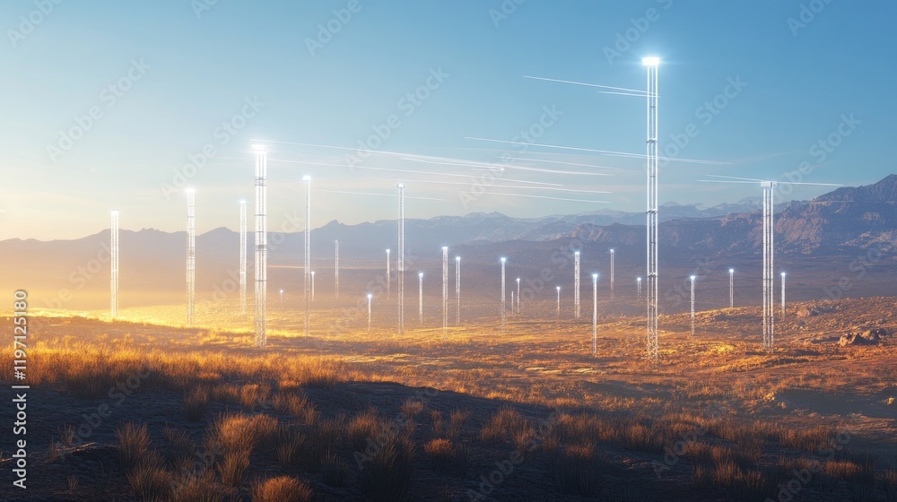 Poster a network of cell towers scattered across a vast, open terrain, with signals emanating, representing